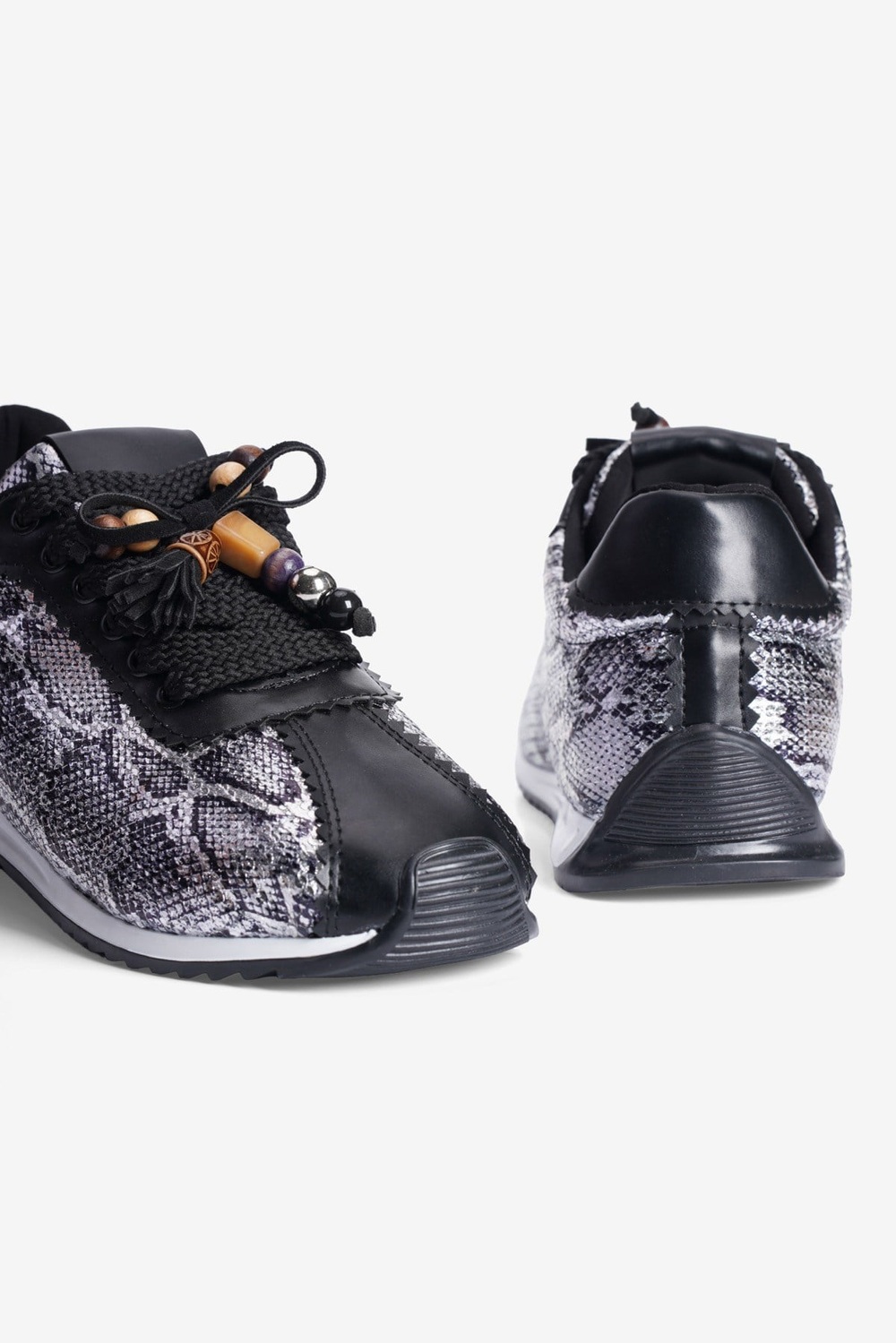 Kadın Sneaker Yılan Desenli Bağcıklı Spor Ayakkabı Veska Siyah