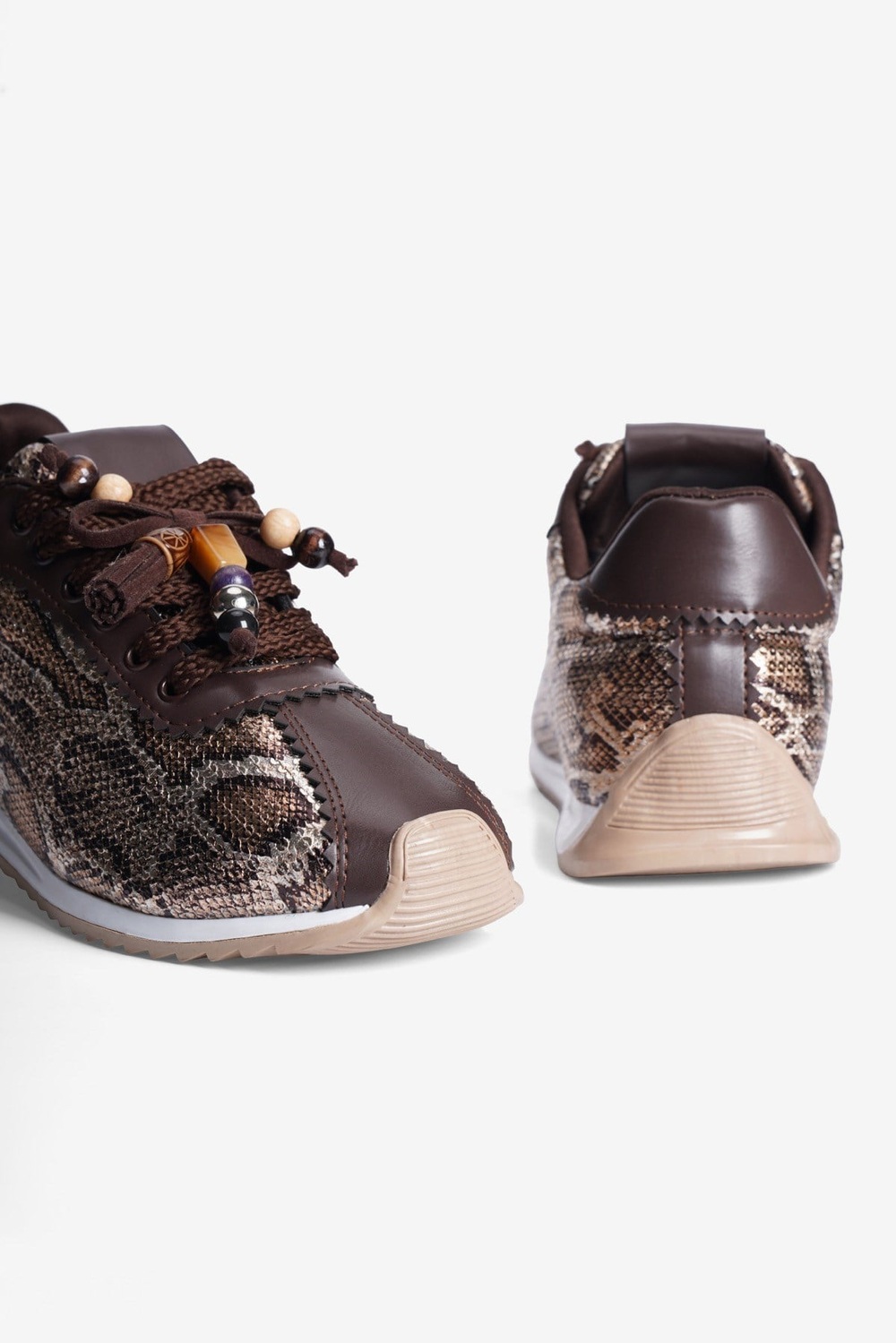 Kadın Sneaker Yılan Desenli Bağcıklı Spor Ayakkabı Veska Kahverengi