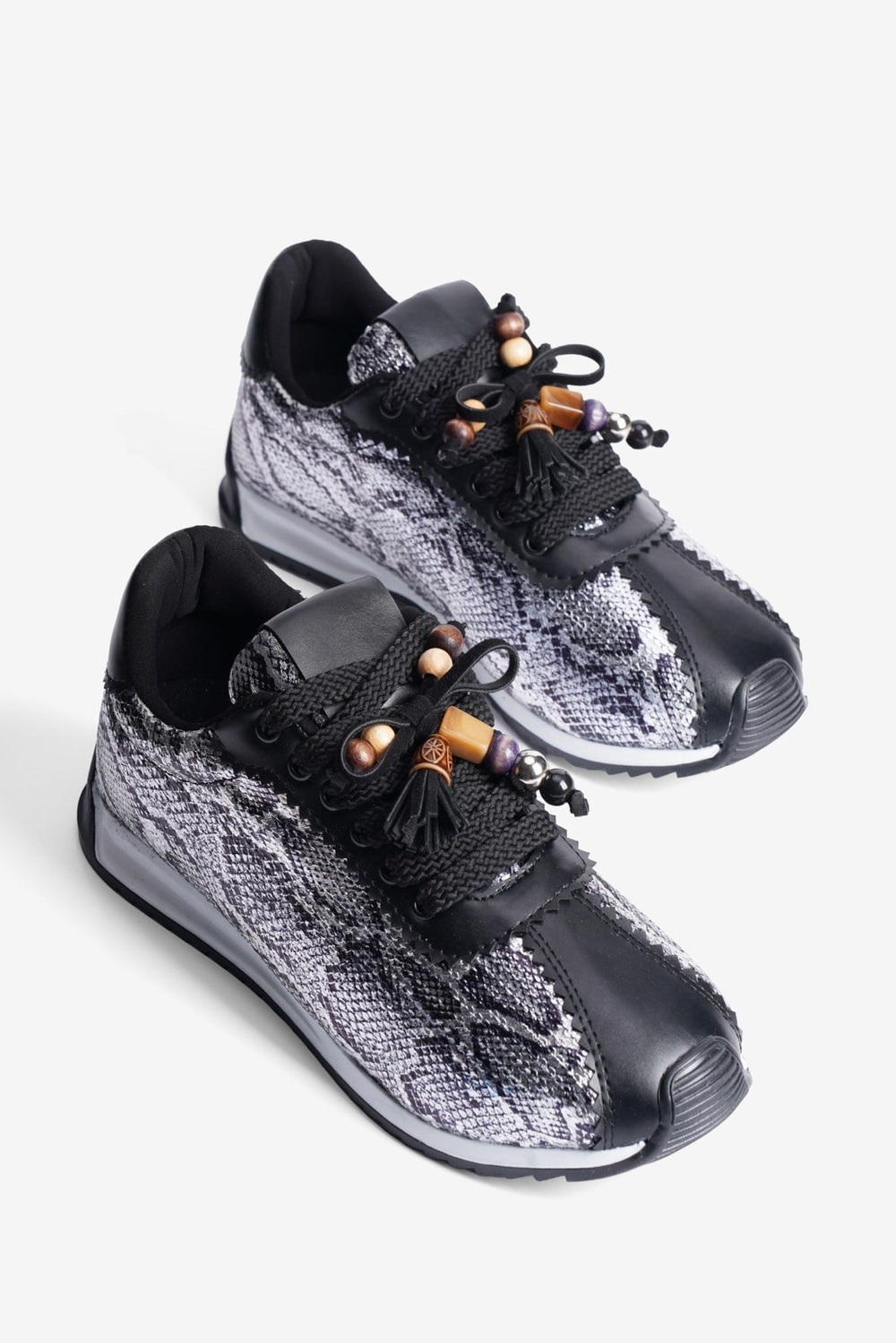 Kadın Sneaker Yılan Desenli Bağcıklı Spor Ayakkabı Veska Siyah