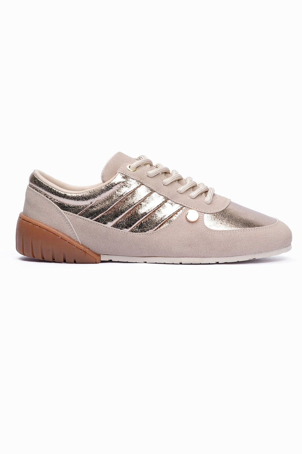 Kadın Süet Sneaker Gold Metalik Detaylı Günlük Spor Ayakkabı Telora Bej Gold 