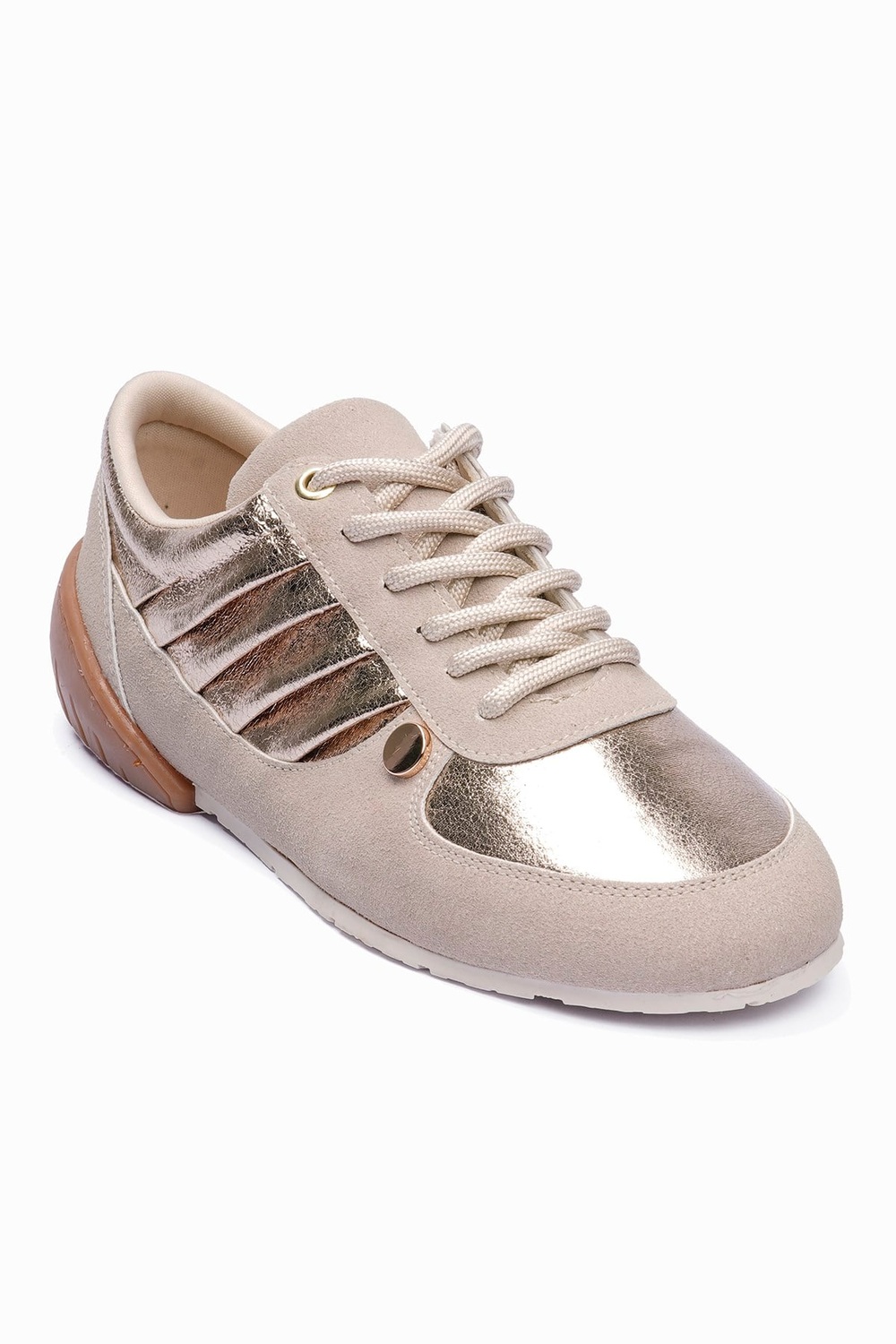 Kadın Süet Sneaker Gold Metalik Detaylı Günlük Spor Ayakkabı Telora Bej Gold 