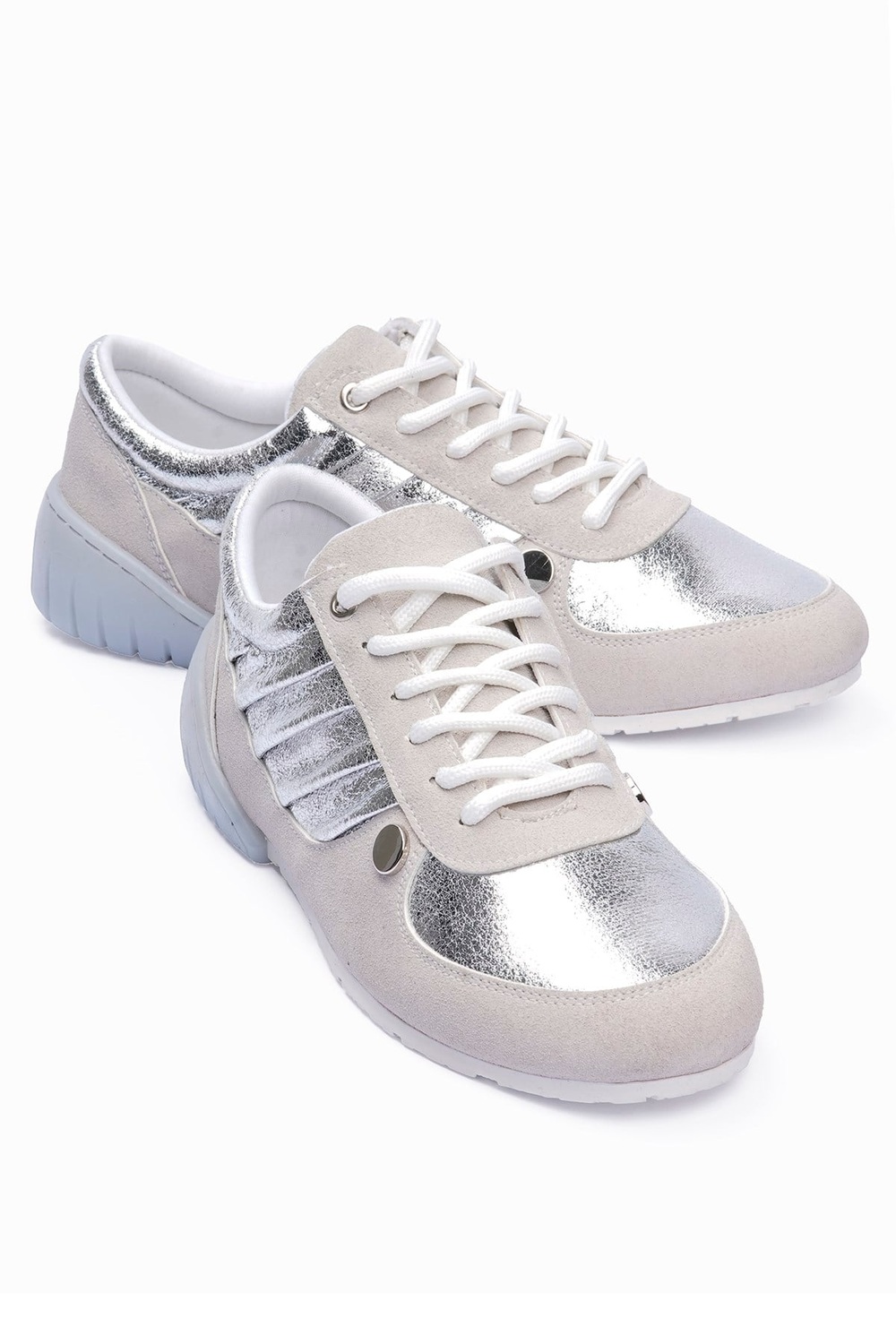 Kadın Süet Sneaker Gümüş Metalik Detaylı Günlük Spor Ayakkabı Telora Bej Gümüş 