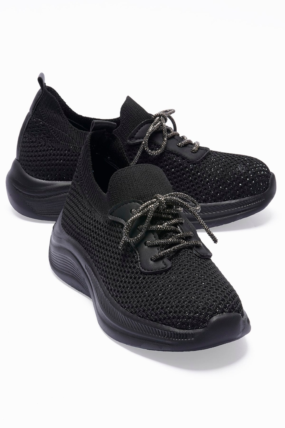 Kadın Triko Sneaker Sim Detaylı Hafif Konfor Taban Taş Bağcıklı Günlük Spor Ayakkabı Melia Siyah