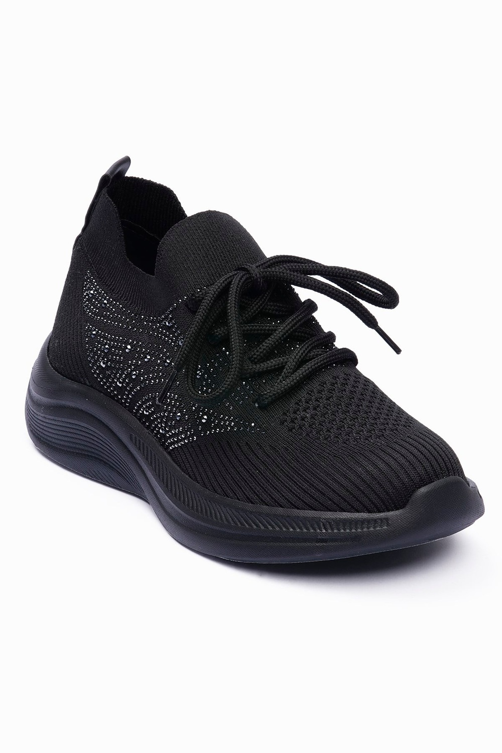 Kadın Triko Sneaker Taş Detaylı Hafif Konfor Taban Bağcıklı Günlük Spor Ayakkabı Viola Siyah