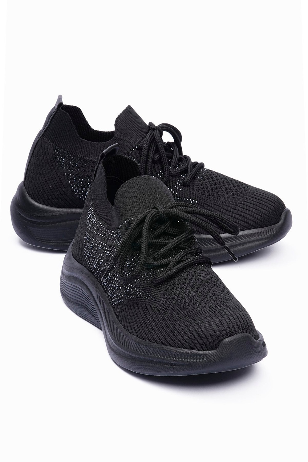 Kadın Triko Sneaker Taş Detaylı Hafif Konfor Taban Bağcıklı Günlük Spor Ayakkabı Viola Siyah