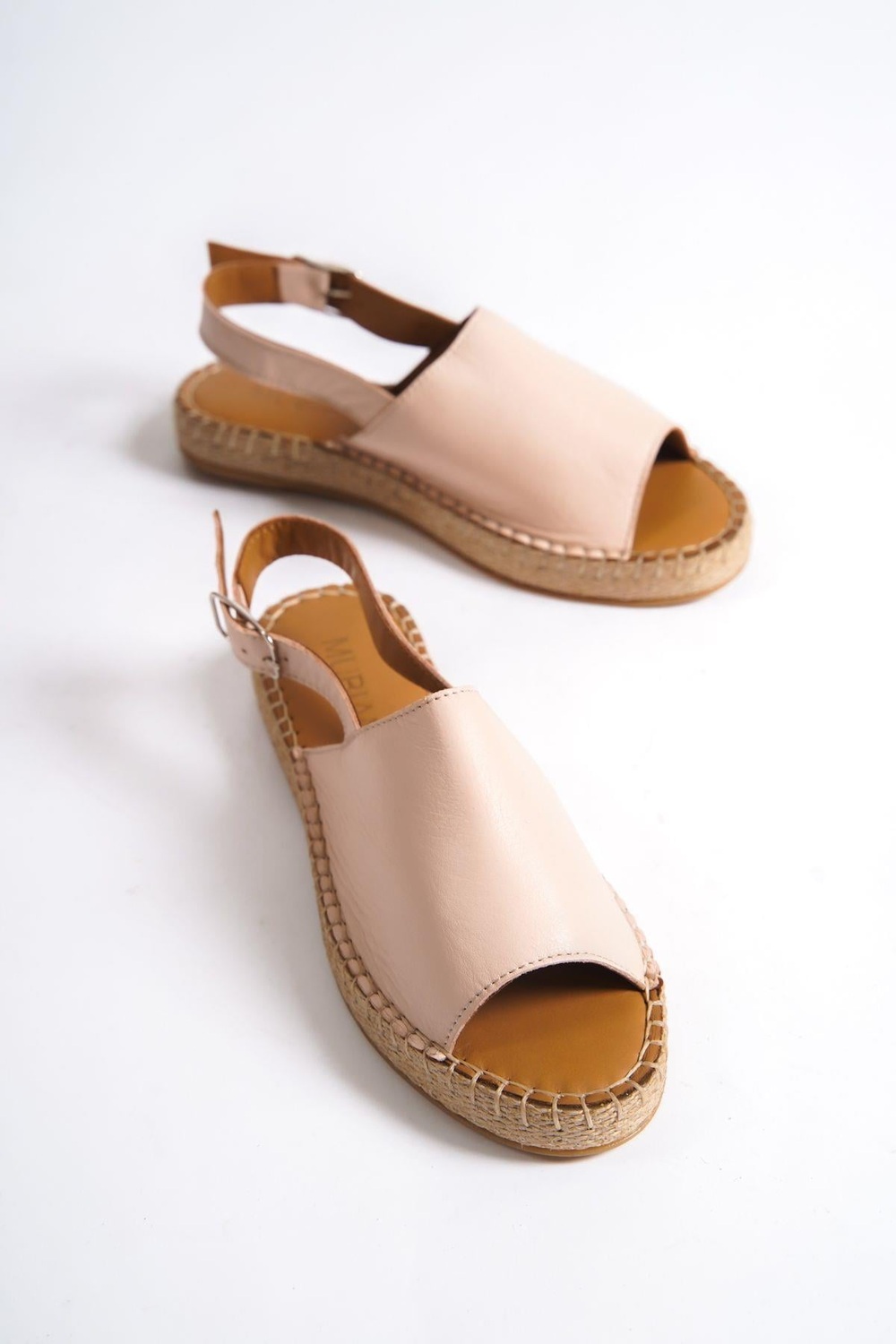 Mubiano Hakiki Deri 601-PD Pudra Kadın Espadril Sandalet & Terlik