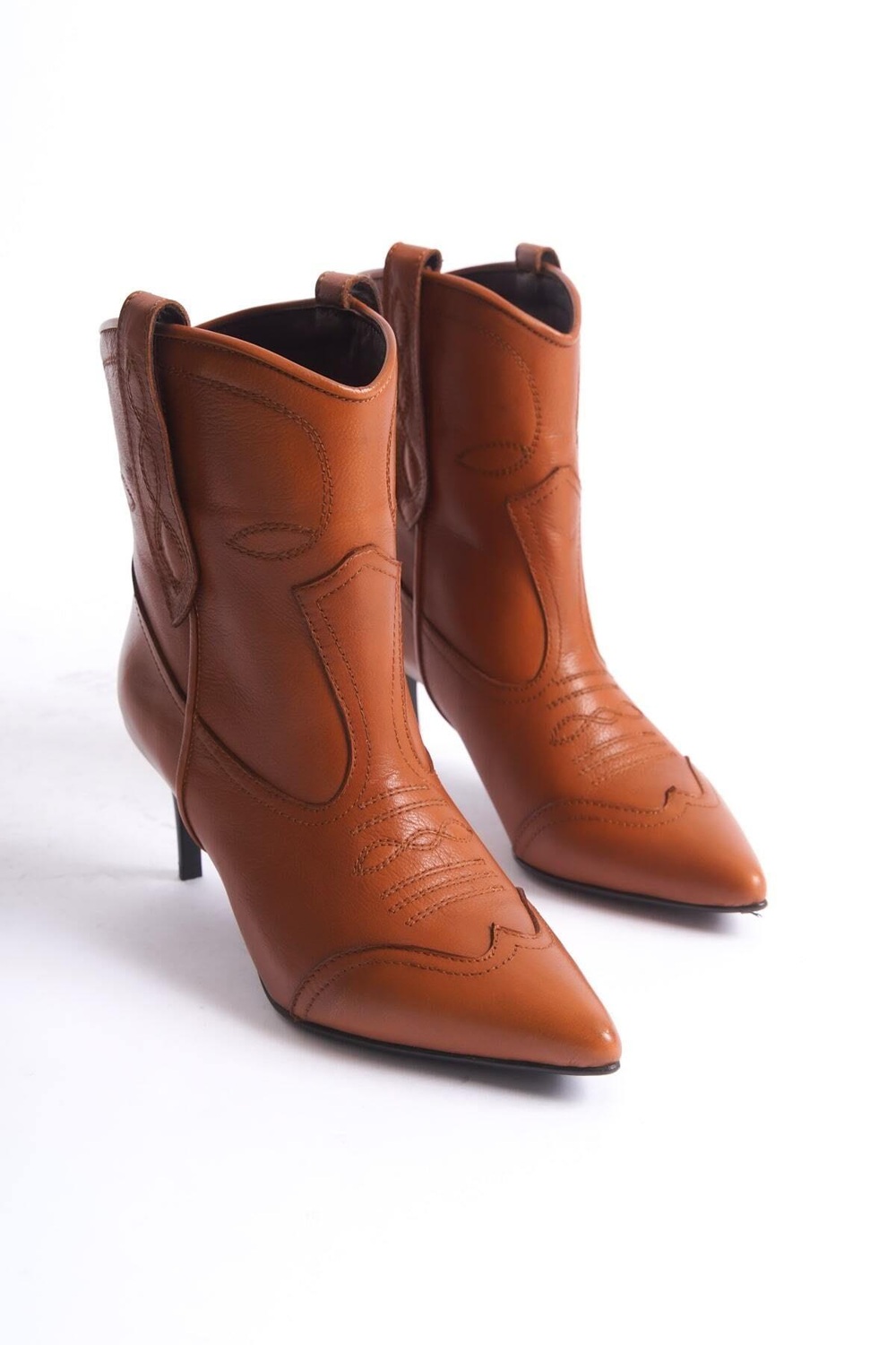Mubiano Hakiki Deri Collection İnce Topuklu Western Bot Taba - MCSR1924 - TB