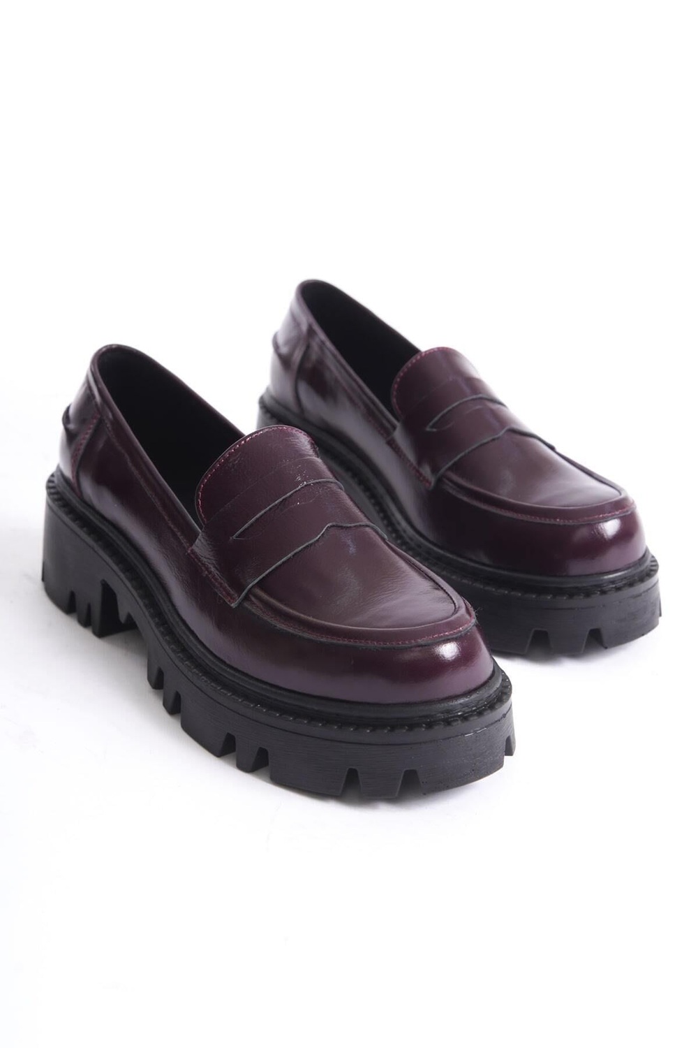 Mubiano Hakiki Deri Collection Kadın Kalın Taban Rugan Loafer Bordo - MCGVN1012 - BRD