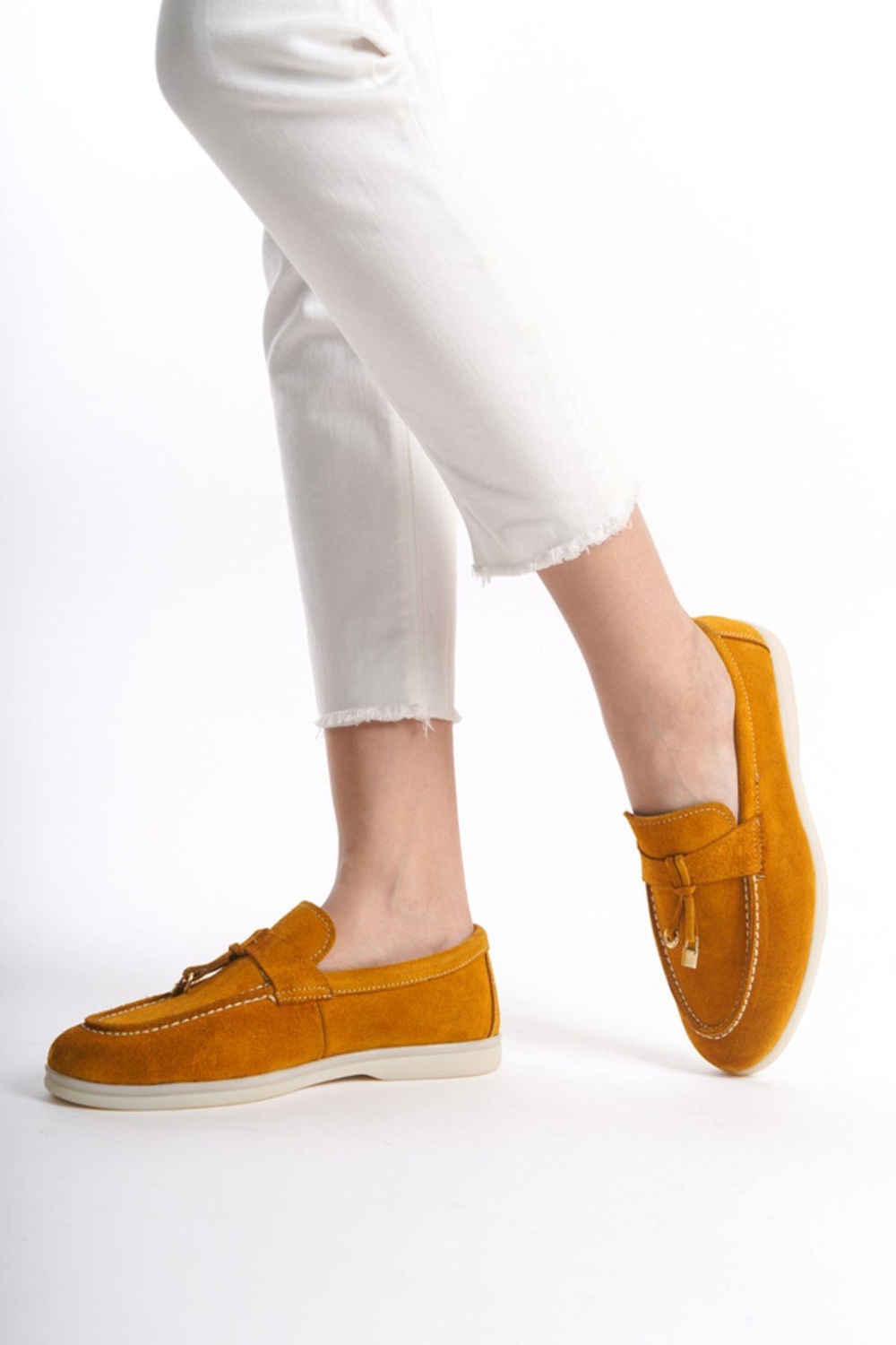 Mubiano Hakiki Deri Collection Kadın Süet Loafer & Babet Hardal -MCKRY1410-HRD