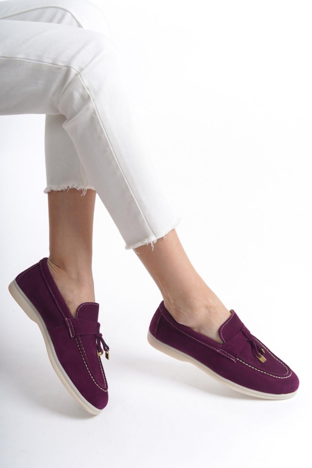 Mubiano Hakiki Deri Collection Kadın Süet Loafer & Babet Mürdüm -MCKRY1410-MRD