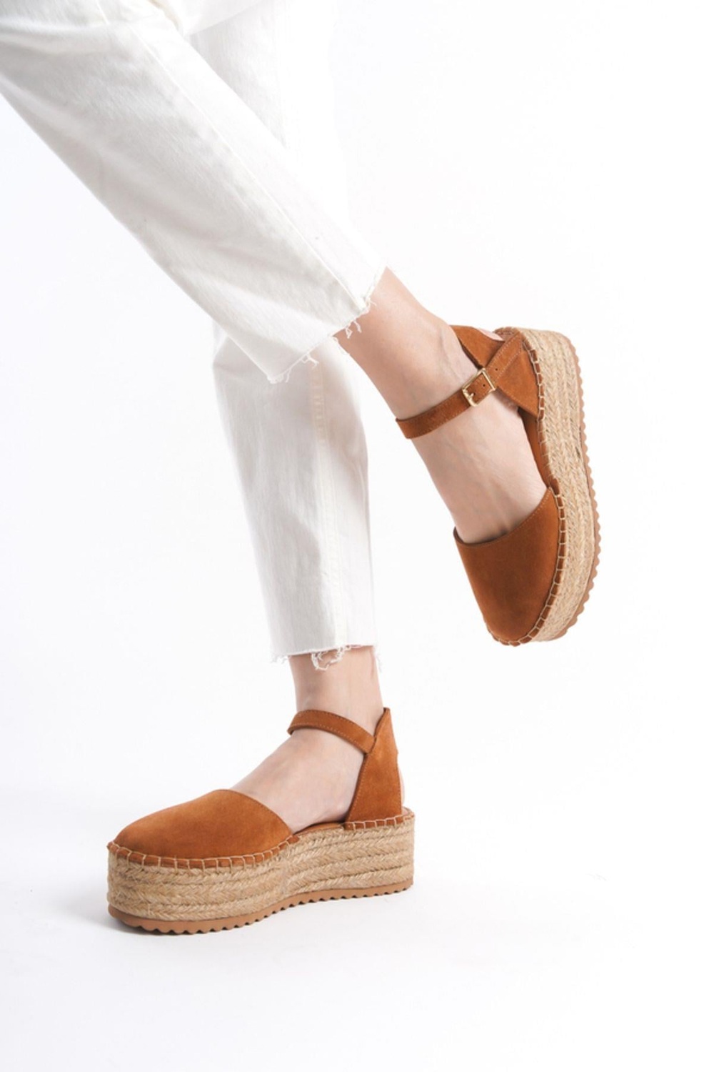 Mubiano Hakiki Deri Collection Kadın Süet Platform Espadril Taba -MCRGN291-TB
