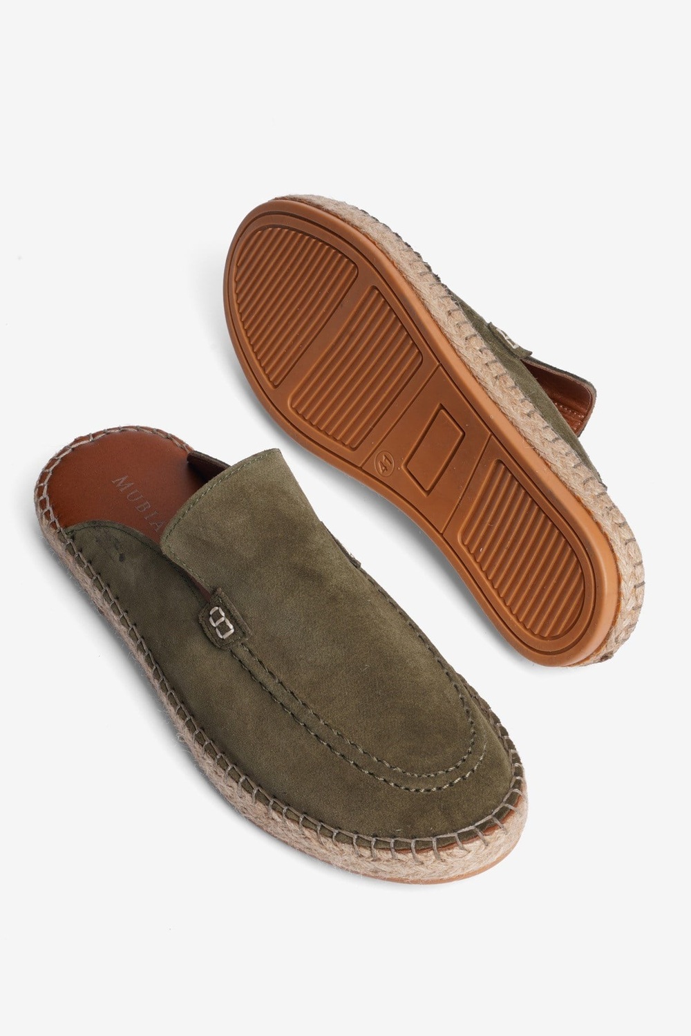 Mubiano Hakiki Deri Summer Erkek Süet Önü Kapalı Jüt Taban Haki Espadril Terlik -MSSR3416-HK