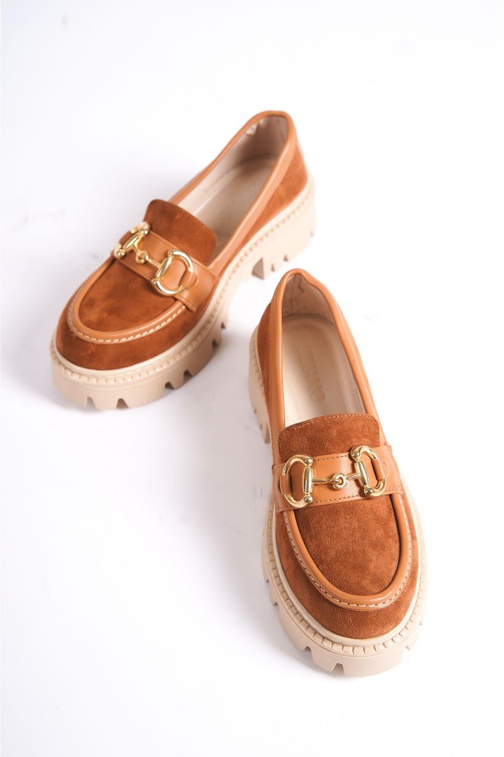 Mubiano MB1170-TB Kalın Taban Lüx Süet Tokalı Taba Kadın Kolej Loafer