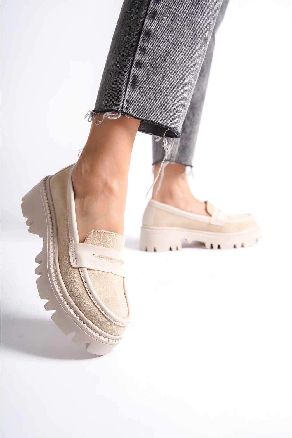 Mubiano MB1190-BJ Kalın Taban Lüx Süet Bej Kadın Kolej Loafer
