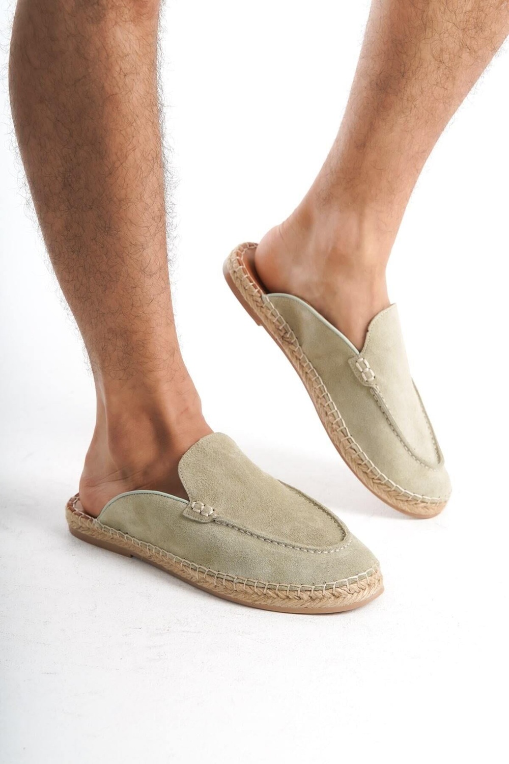 Mubiano Hakiki Deri Summer Erkek Süet Önü Kapalı Jüt Taban Yeşil Espadril Terlik -MSSR3416-Y