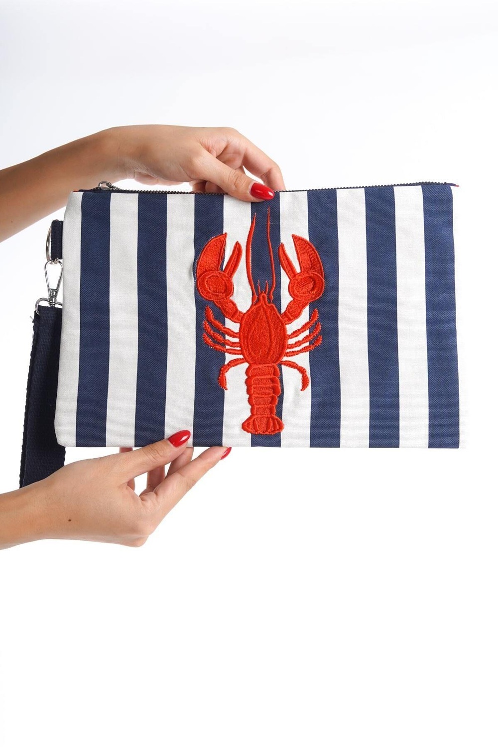 Mubiano Summer Kadın Lacivert/Beyaz Çizgili Duck Keten Kumaş Istakoz Clutch & Portföy Çanta - MSLY0107-LB
