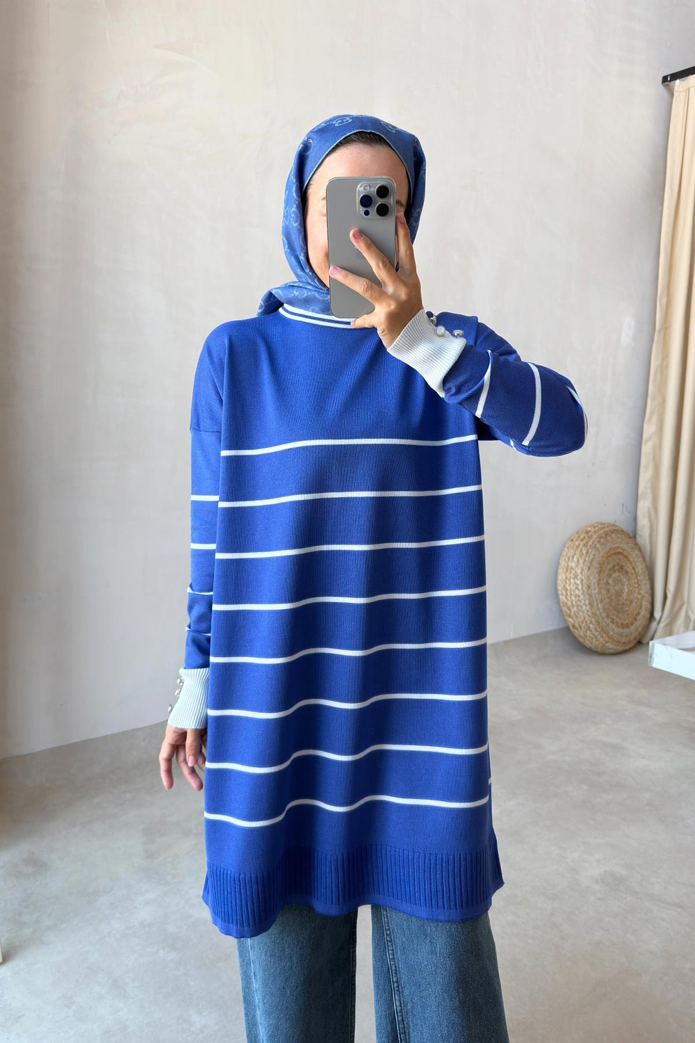 Bisiklet Yaka Çizgili Merserize Tunik - İndigo