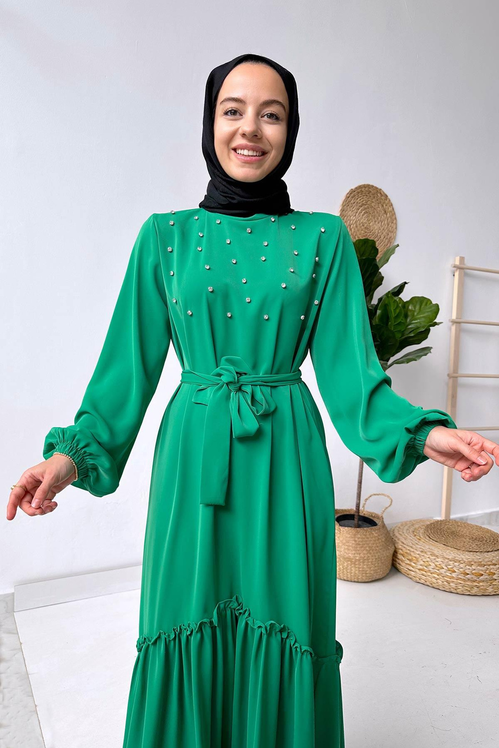Bright Taşlı Elbise - Yeşil