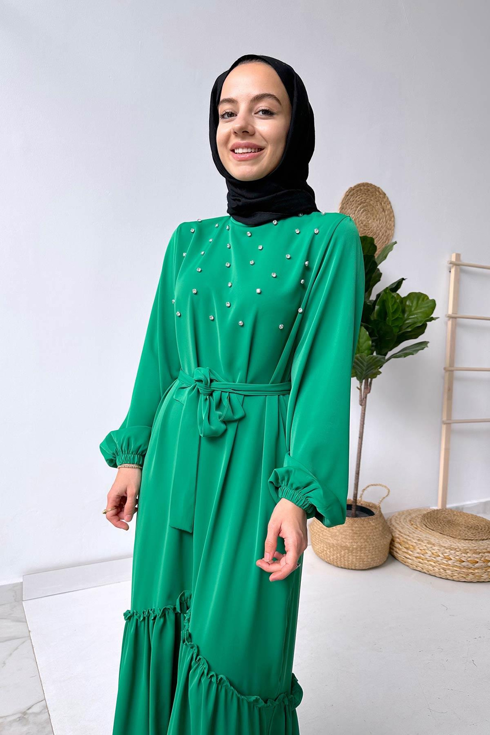 Bright Taşlı Elbise - Yeşil