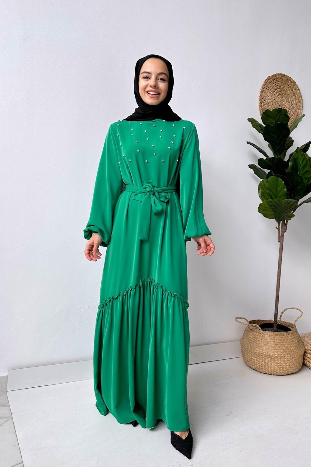 Bright Taşlı Elbise - Yeşil