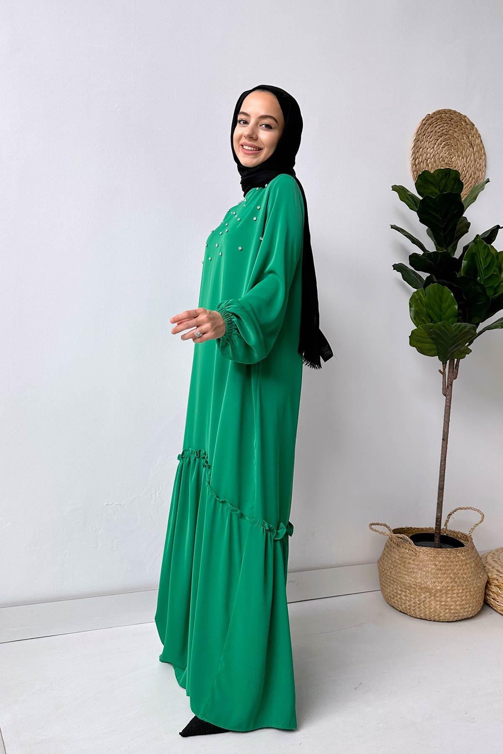 Bright Taşlı Elbise - Yeşil