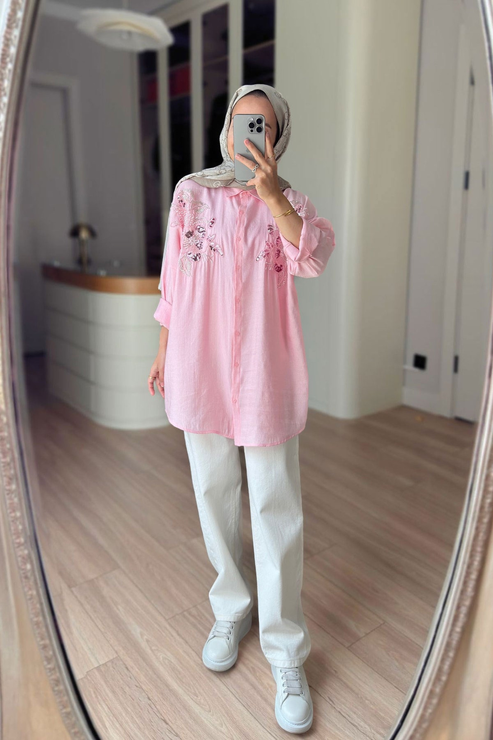 Çiçek Motifli Oversize Gömlek - Pembe