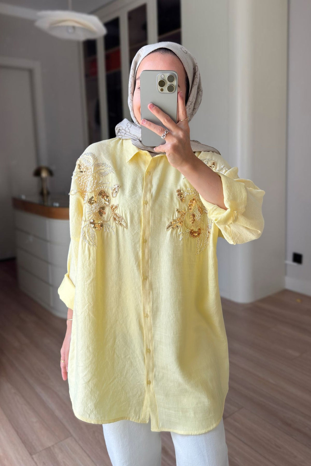 Çiçek Motifli Oversize Gömlek - Sarı