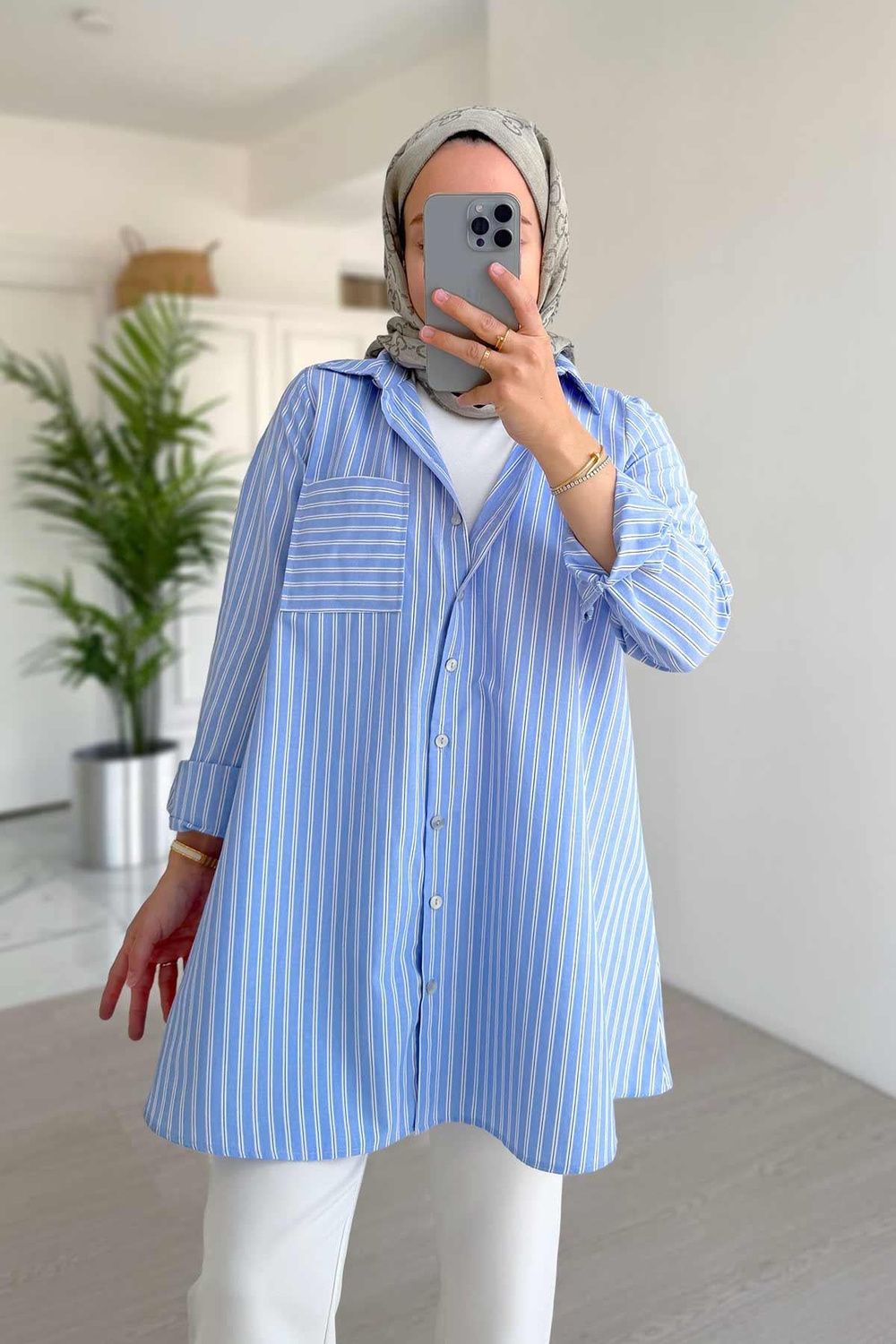 Çizgili Oversize Gömlek - Mavi