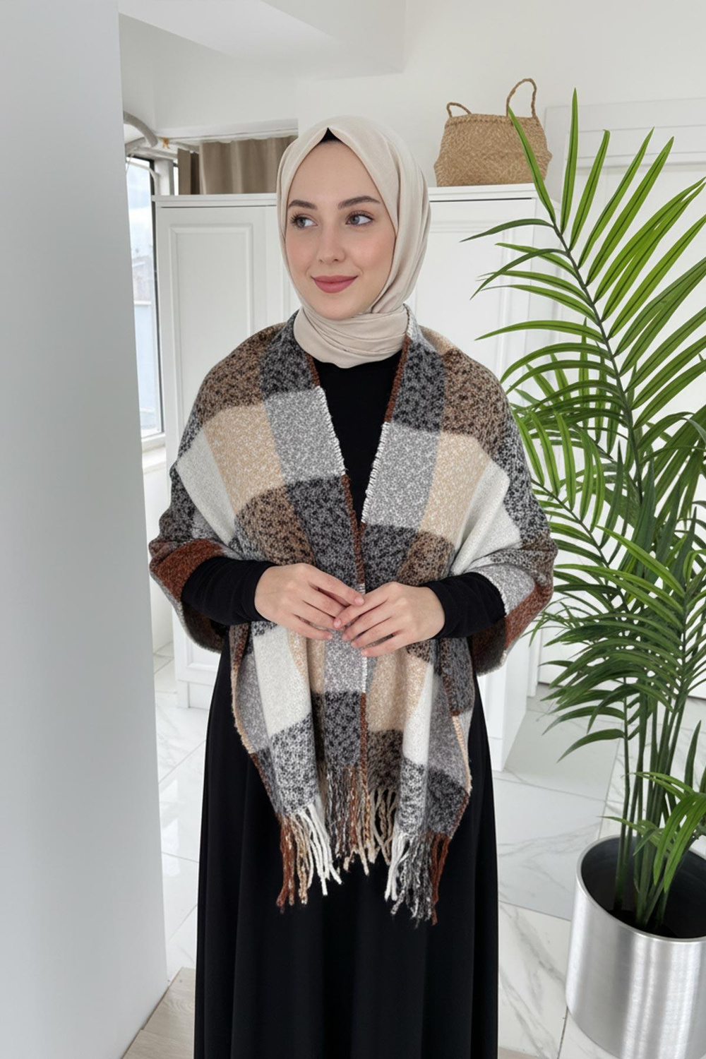 Kareli Omuz Şalı Atkı - Kahverengi