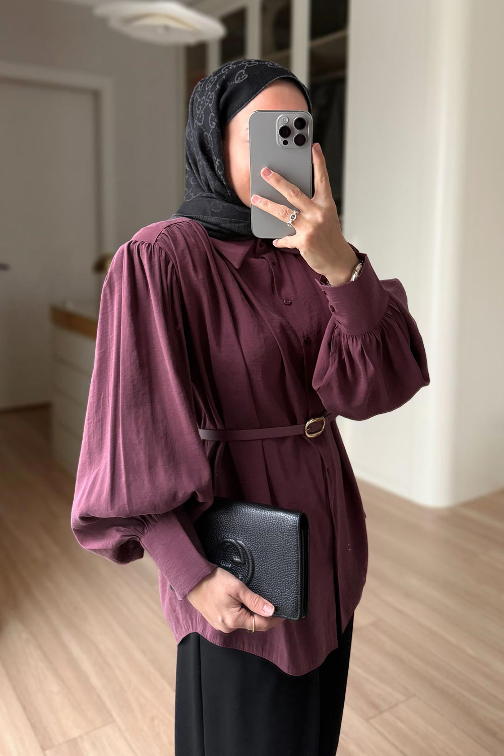 Kemerli Vatkalı Gömlek - Mürdüm