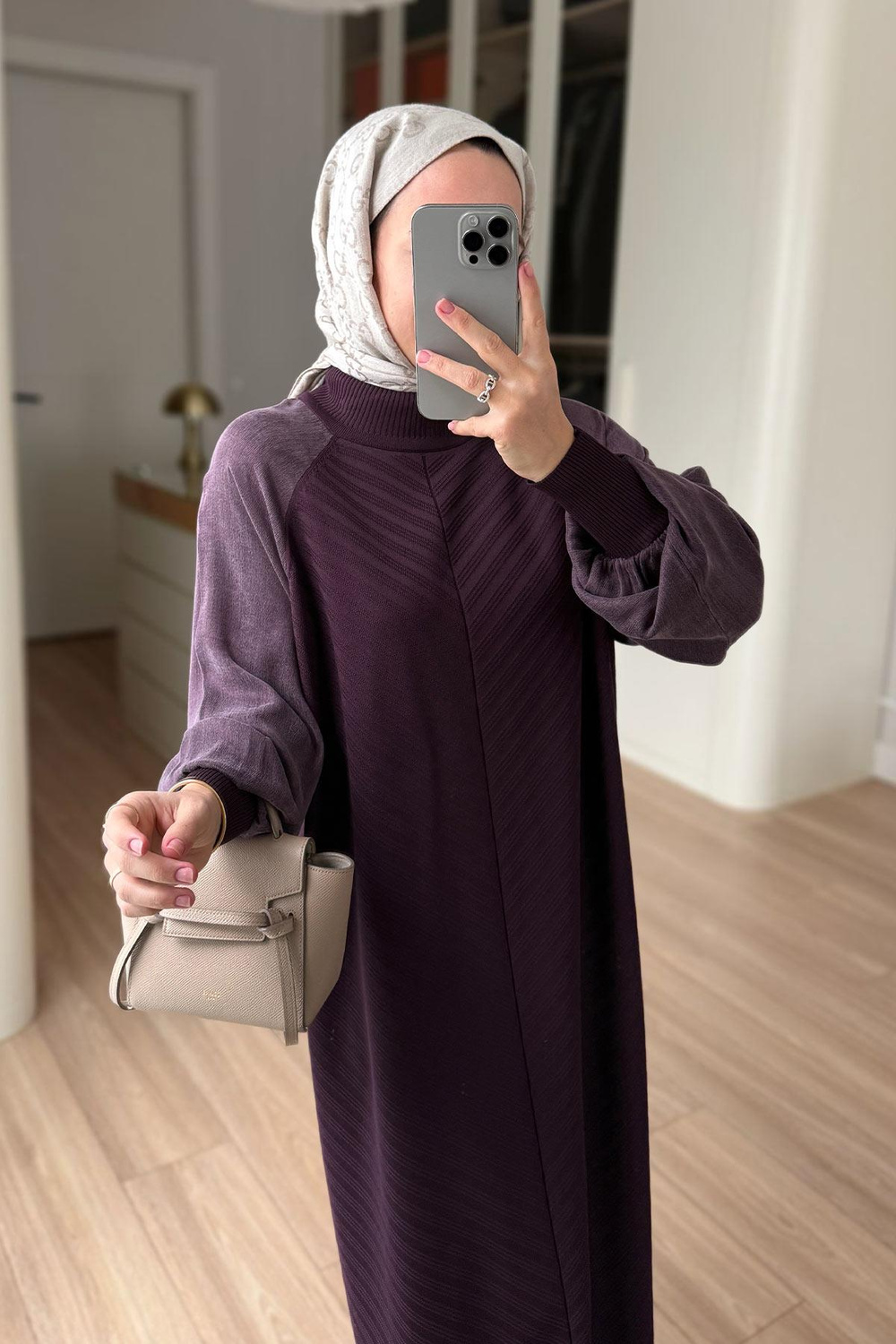 Kendinden Desenli Yarım Balıkçı Merserize Elbise - Mürdüm