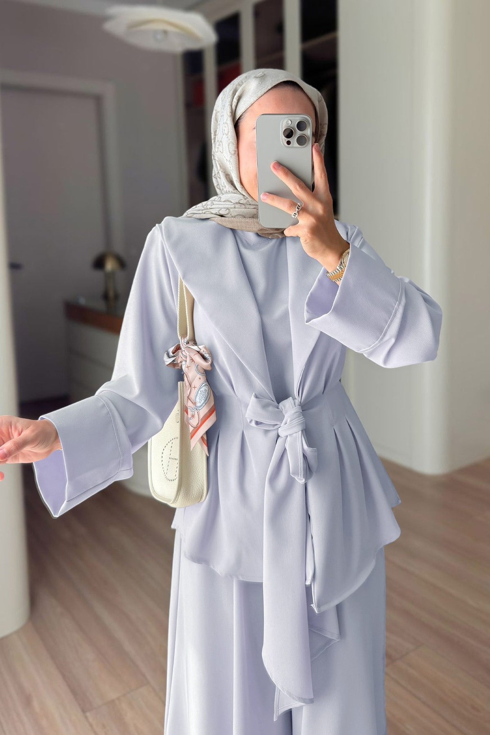Kuşak Detaylı Vatkalı Üçlü Takım - Lila