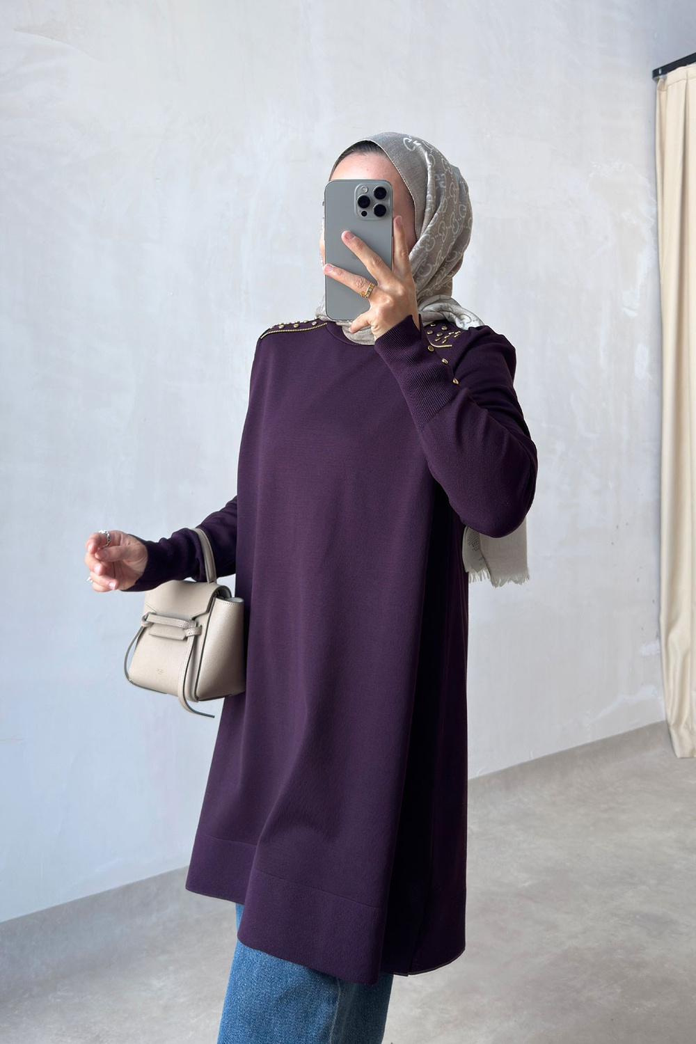 Omuz Aksesuar Detaylı Merserize Tunik - Mürdüm