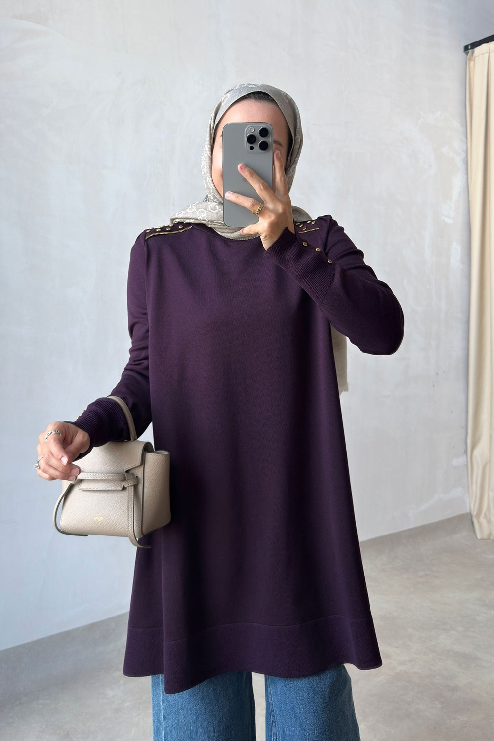 Omuz Aksesuar Detaylı Merserize Tunik - Mürdüm
