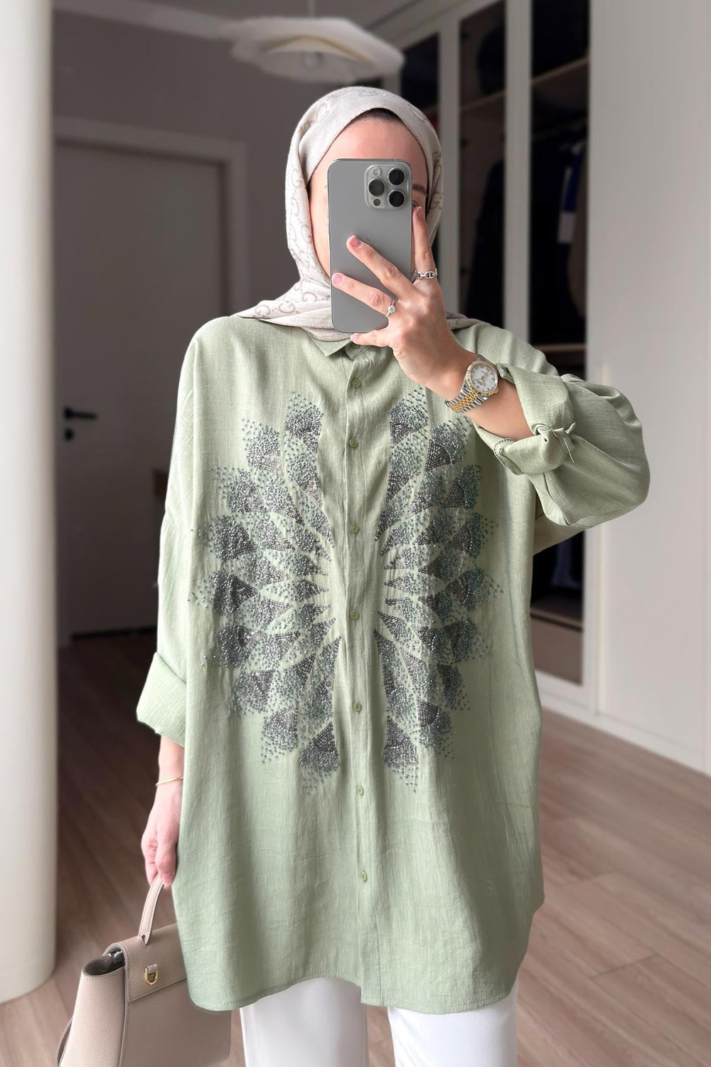 Rose Boncuk İşlemeli Gömlek - Yeşil