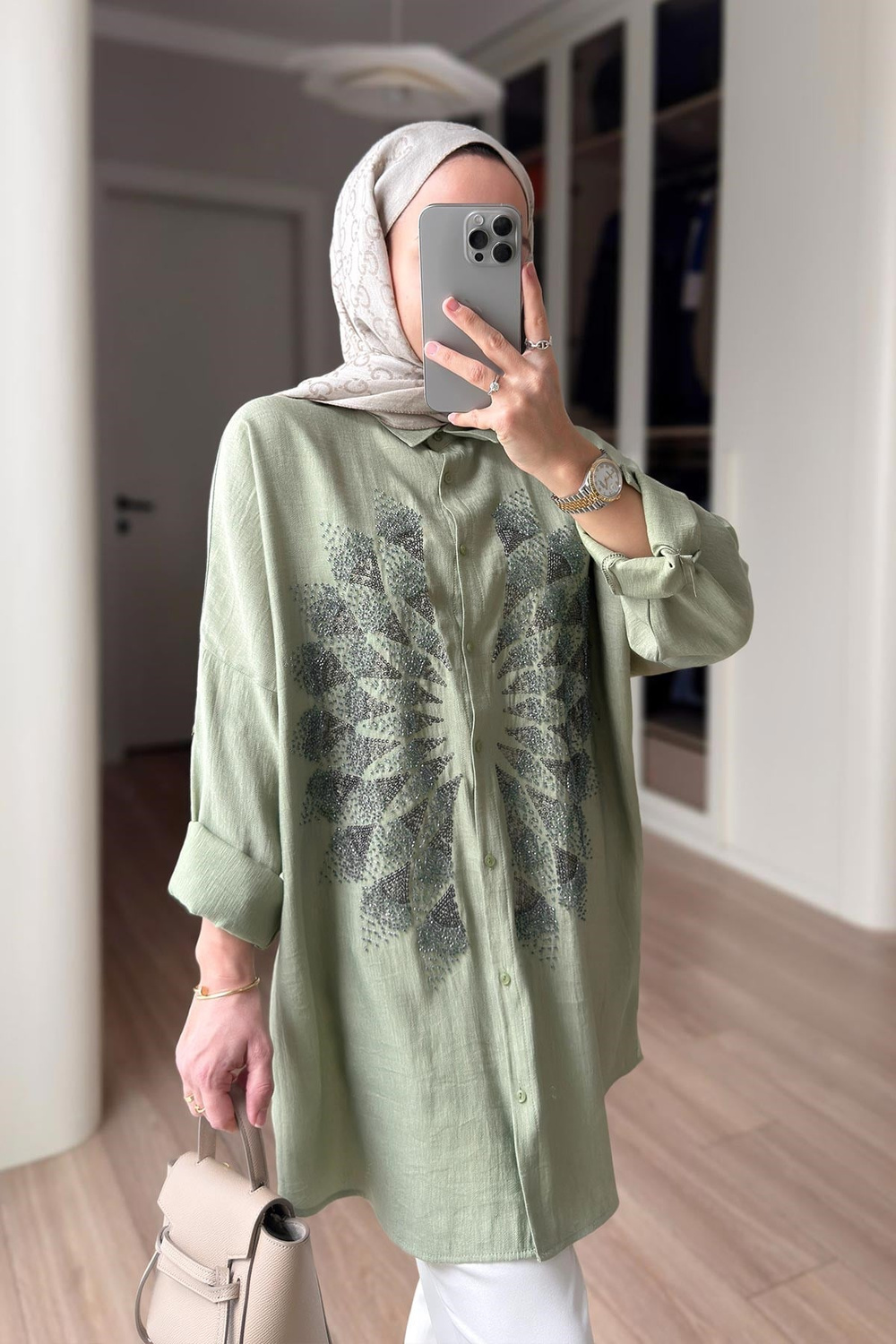 Rose Boncuk İşlemeli Gömlek - Yeşil