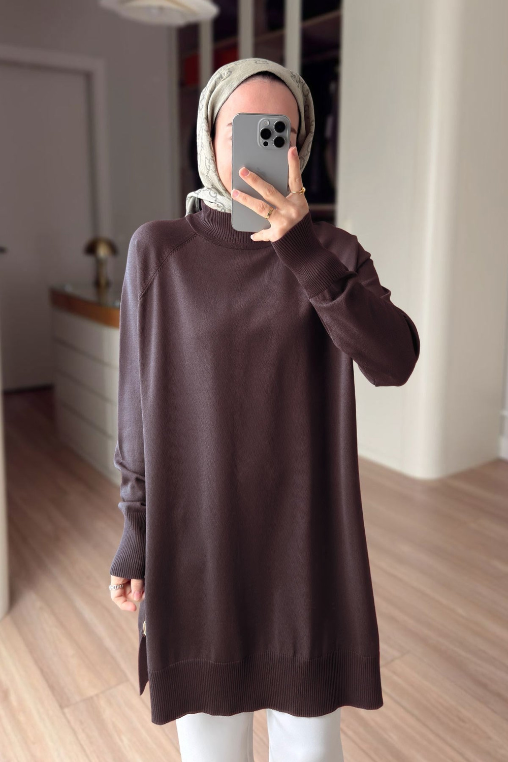 Yan Fermuar Basic Merserize Tunik - Kahverengi
