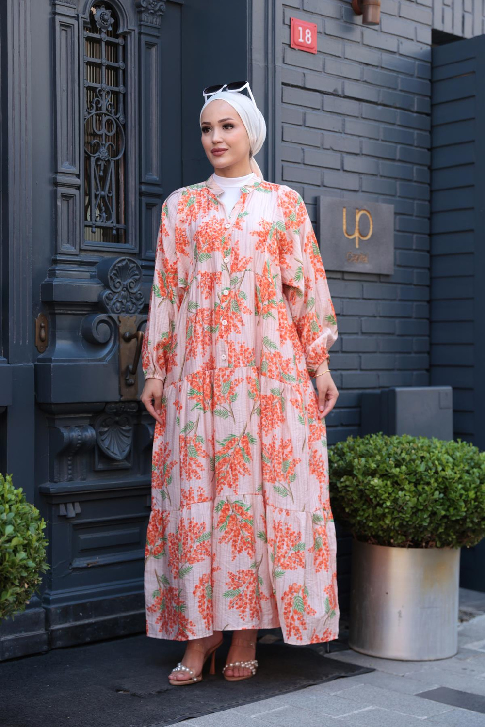 Ağaç Desenli Elbise Turuncu