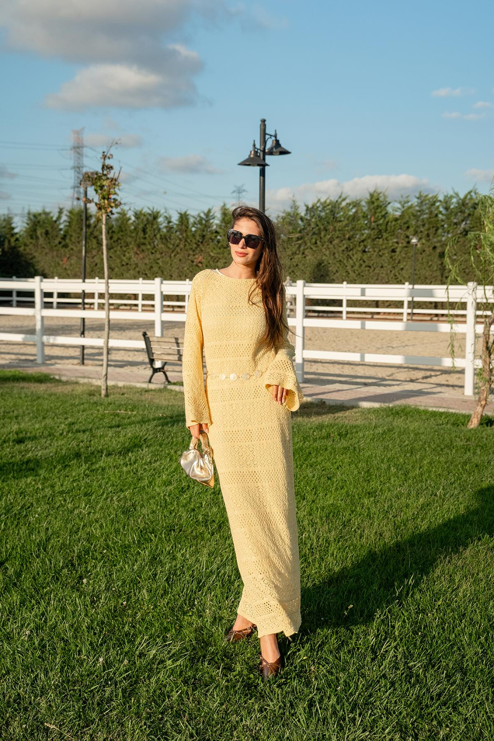 Ajur Kendinden Desenli Elbise Sarı