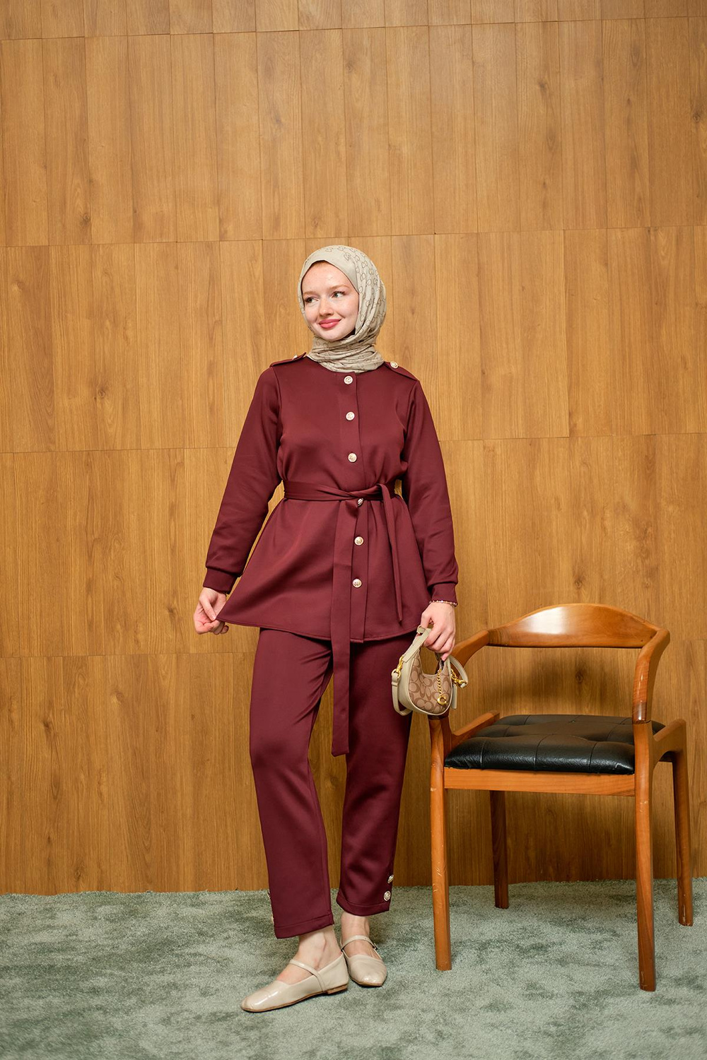 Apoletli Kemerli İkili Takım Bordo