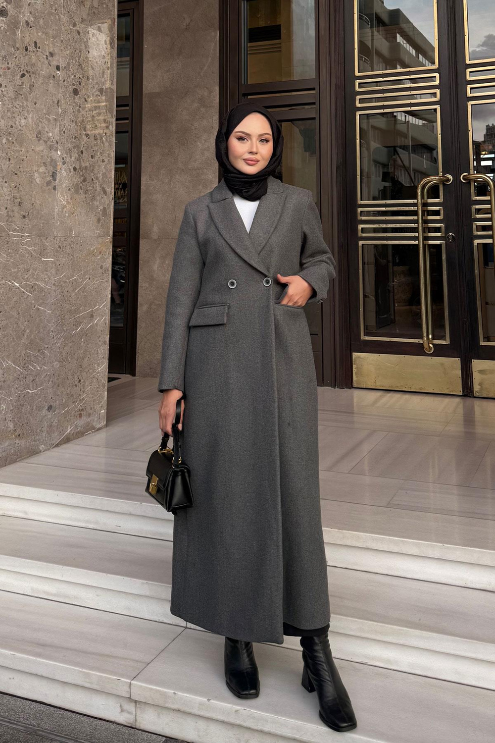 Arka Düğme Detaylı Kaşe Kaban Antrasit