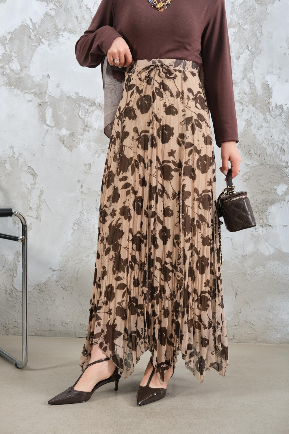 Asimetrik Şifon Etek Kahverengi