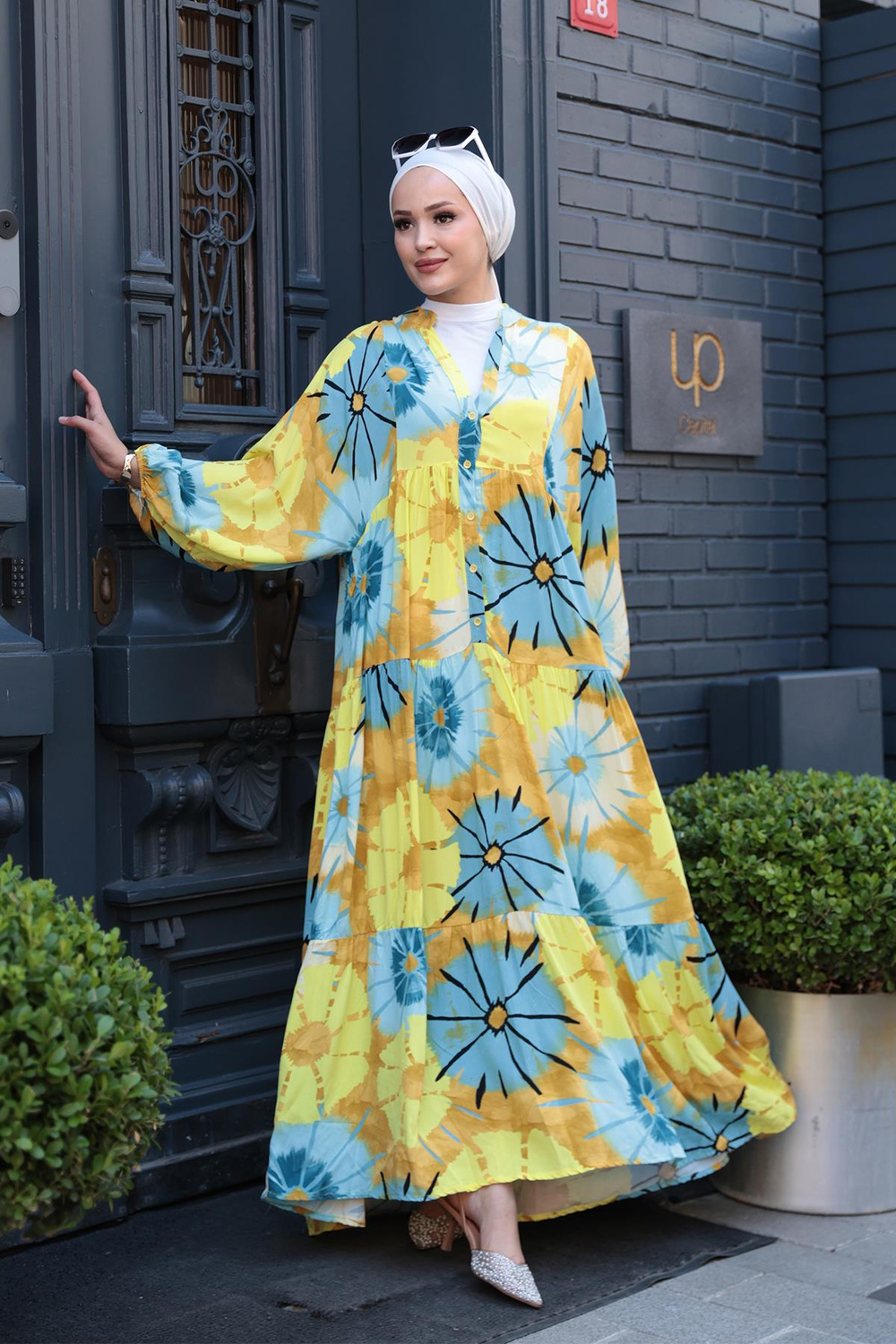 Ayçiceği Desenli Elbise Mavi-Sarı