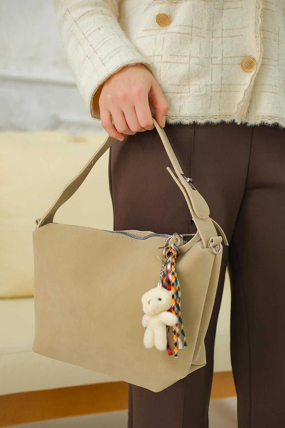 Ayıcık Detay Çanta Vizon