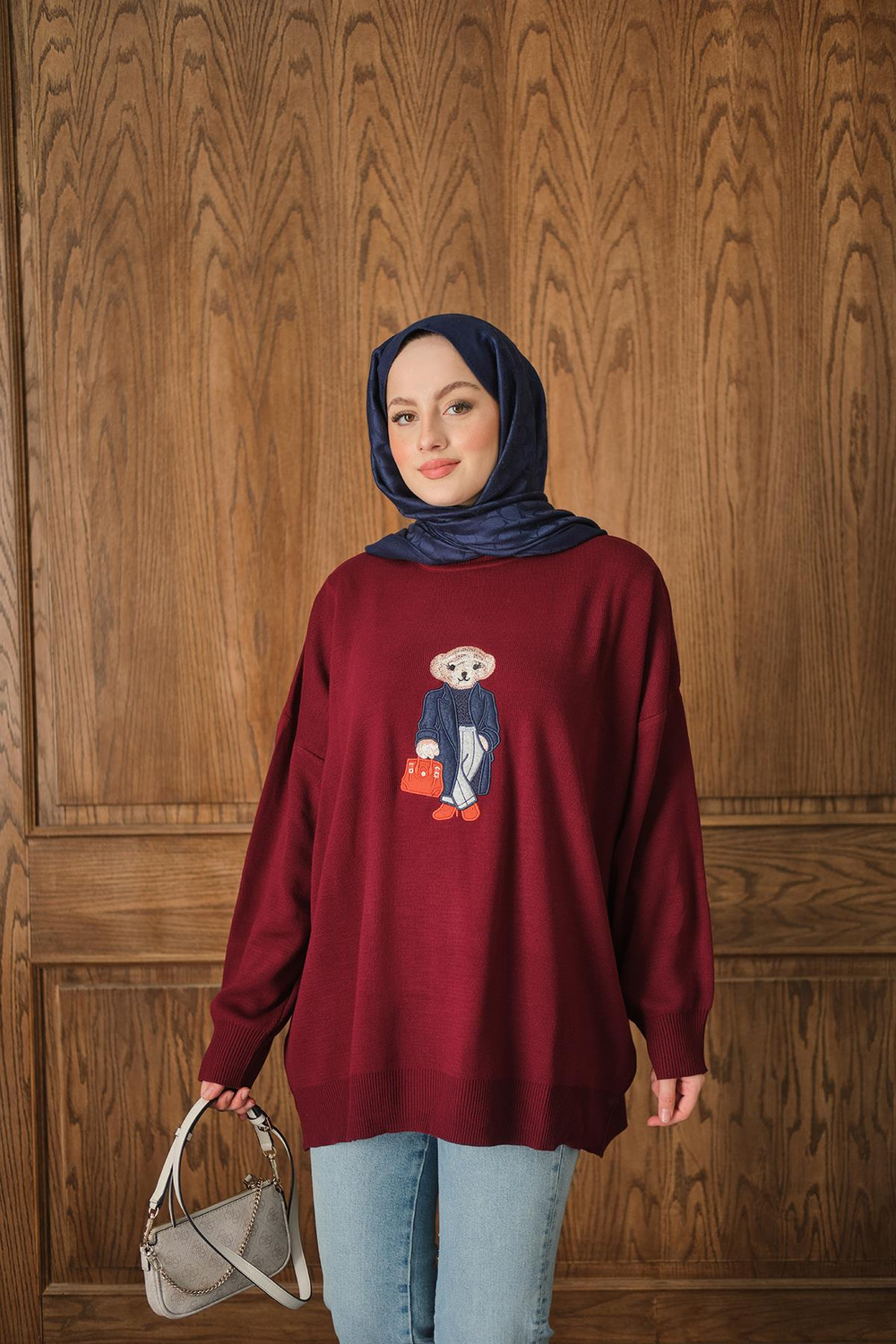 Ayıcık Nakışlı Triko Takım Bordo