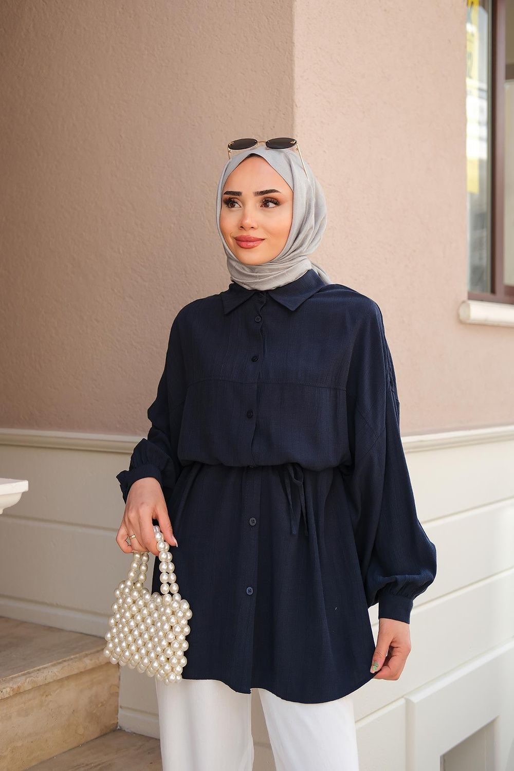 Bağlamalı İpek Gömlek Lacivert