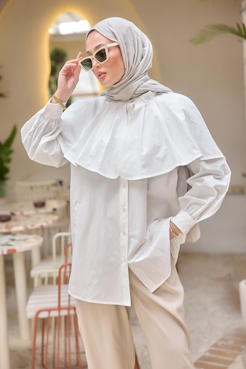 Balon Kol Çift Yaka Gömlek Beyaz