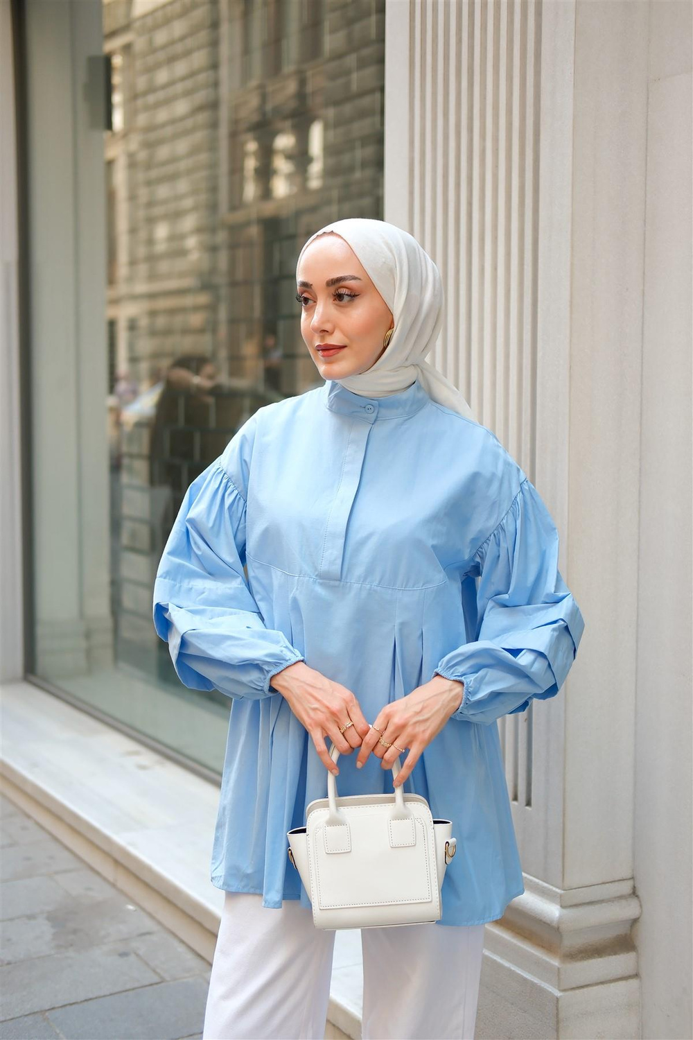 Balon Kol Pile Detaylı Tunik  Bebe Mavi