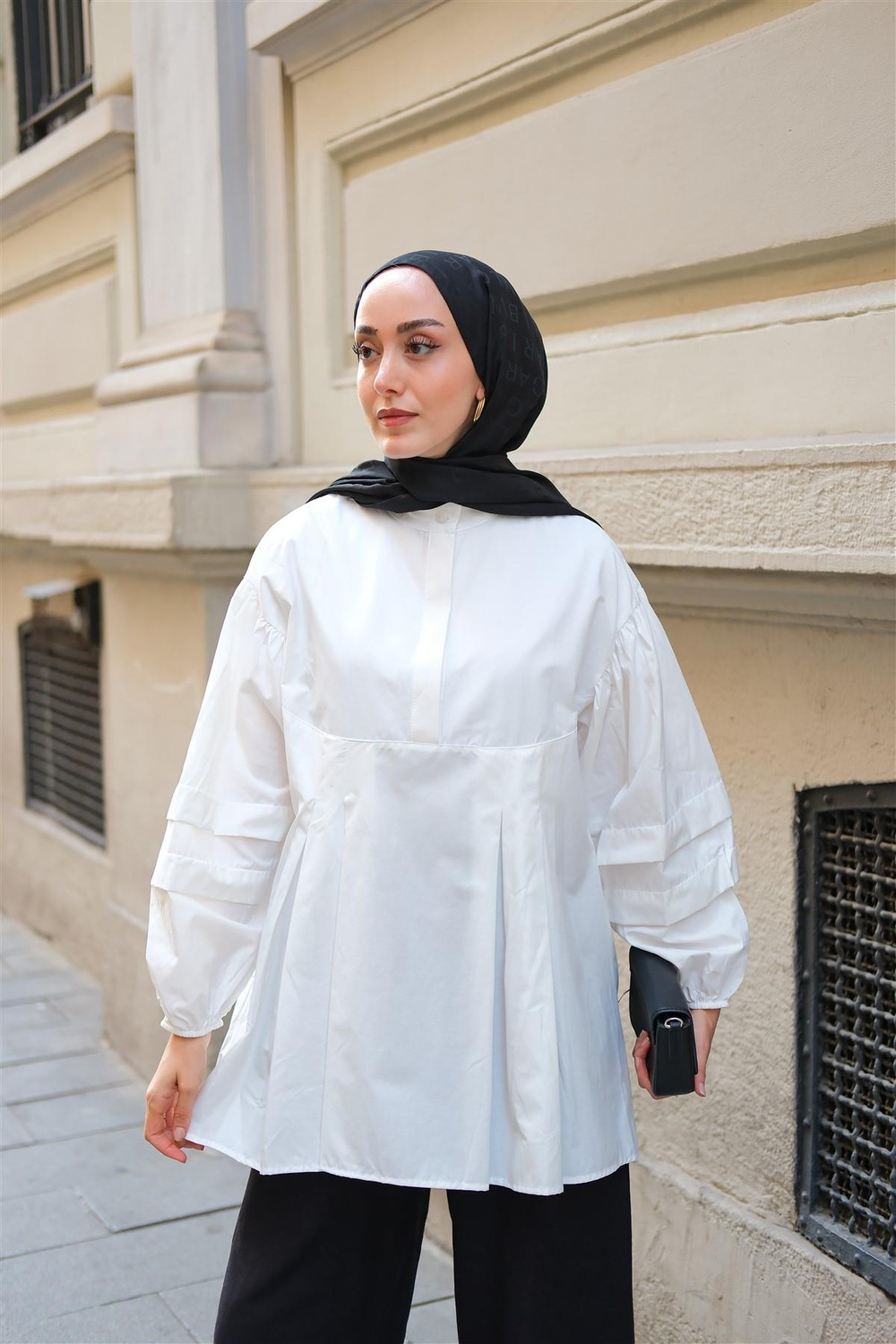 Balon Kol Pile Detaylı Tunik  Beyaz