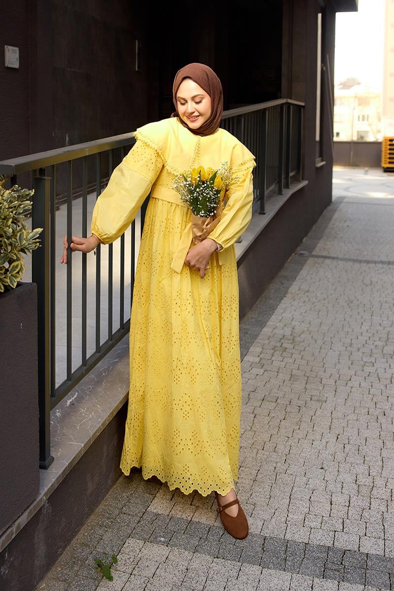 Bebe Yaka Dantel Detay Elbise Sarı